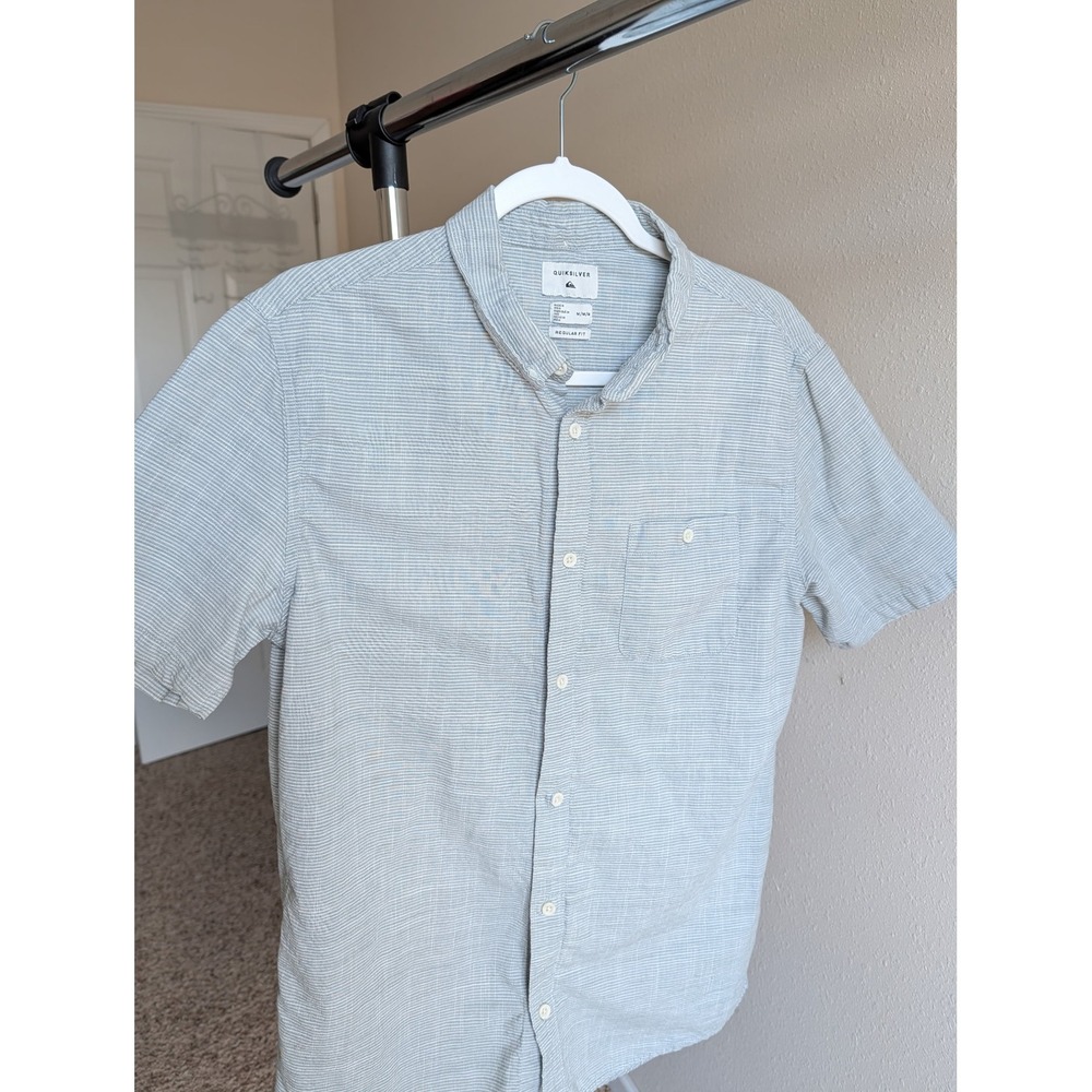 Quiksilver Mens Short Sleeve Button Down Shirt Grey White Micro Stripe Medium